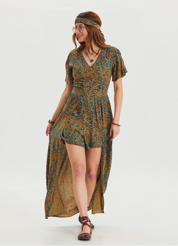 Flounce Sleeve, Shorts Detailed Petrol Women's Bohemian Jumpsuit 4487